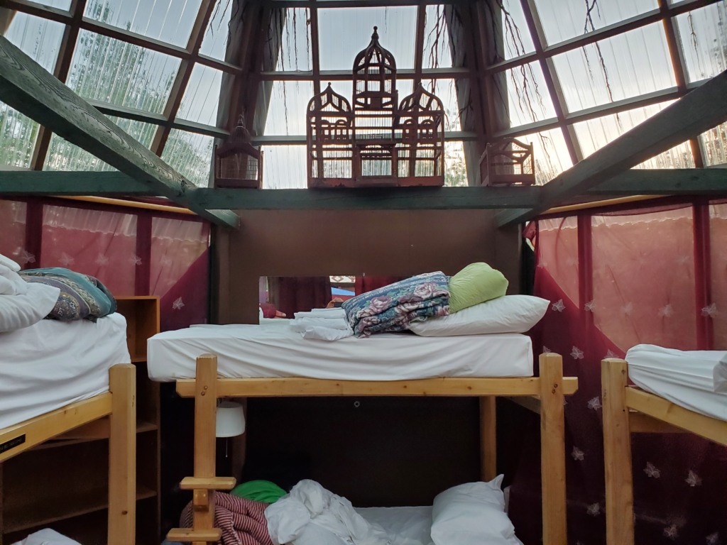 My bed in the gazebo of Billie's Backpacker Hostel, Fairbanks, Alaska