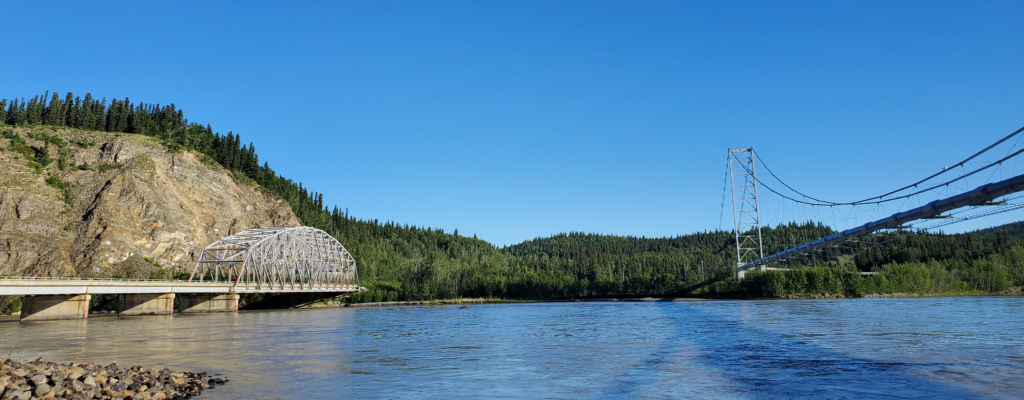 Paired bridges, highway and pipeline, acros the Tanana River