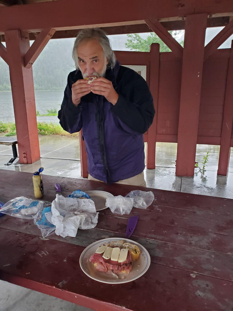 Breakfast at Chitin Wayside. Cold and wet but out of the rain.