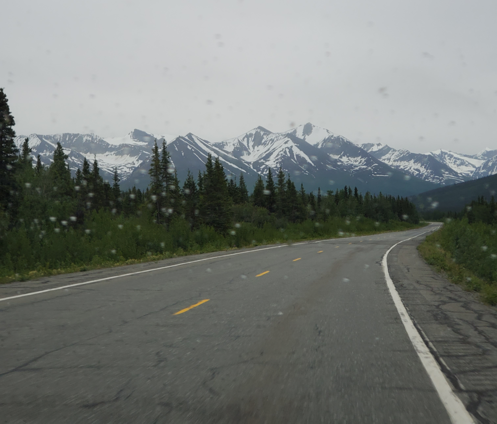 Southbound to Valdez, the Chugach Mountains rise ahead of us.