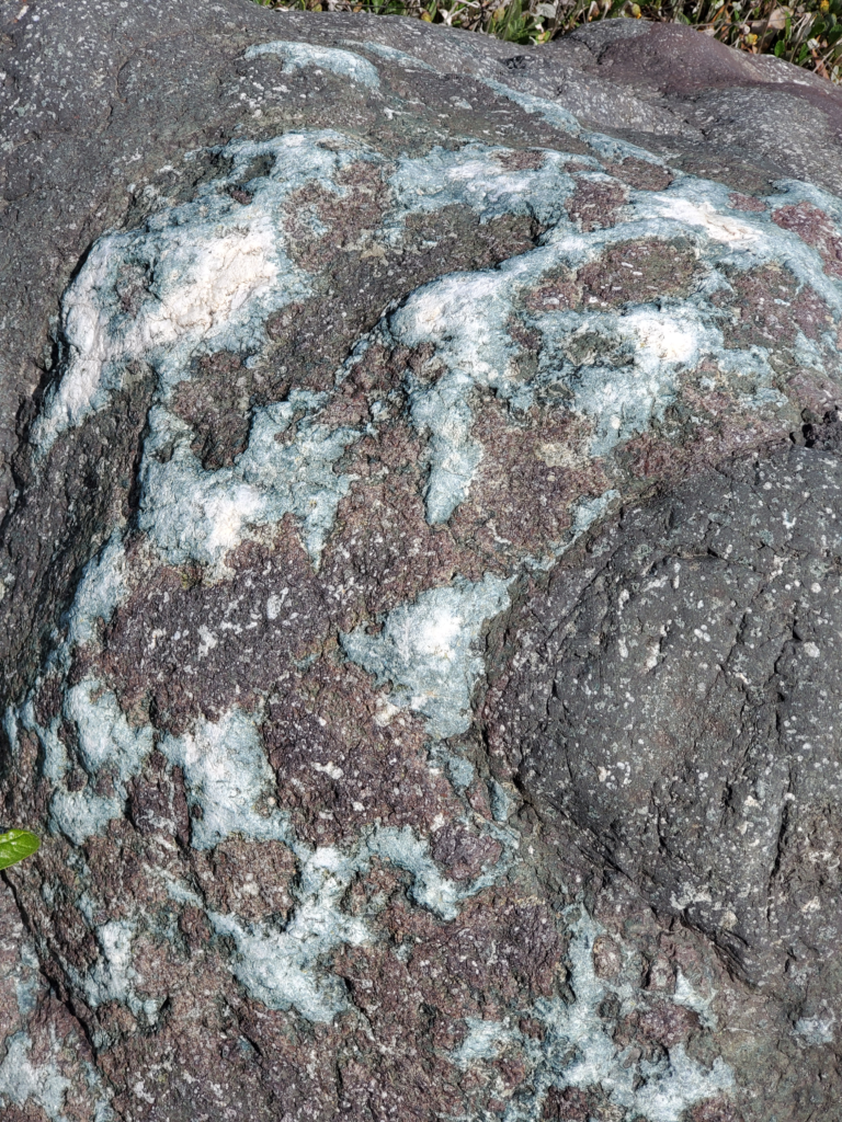 Glacially transported boulder with quartz outcroppings.