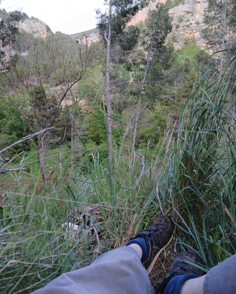 "Riding"a very uncomfortable tree trunk straight down the talus slope. Extreme care required.