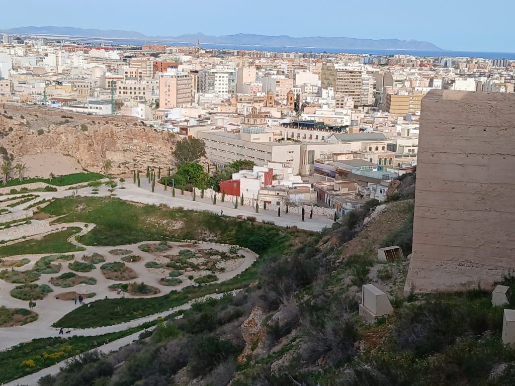 Almería city viw from Alcazaba. Cabo de Gata in the far distance.